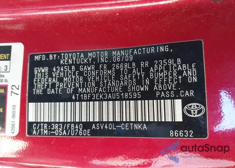 2010 Toyota Camry Le from USA, damaged, VIN 4T1BF3EK3AU518595